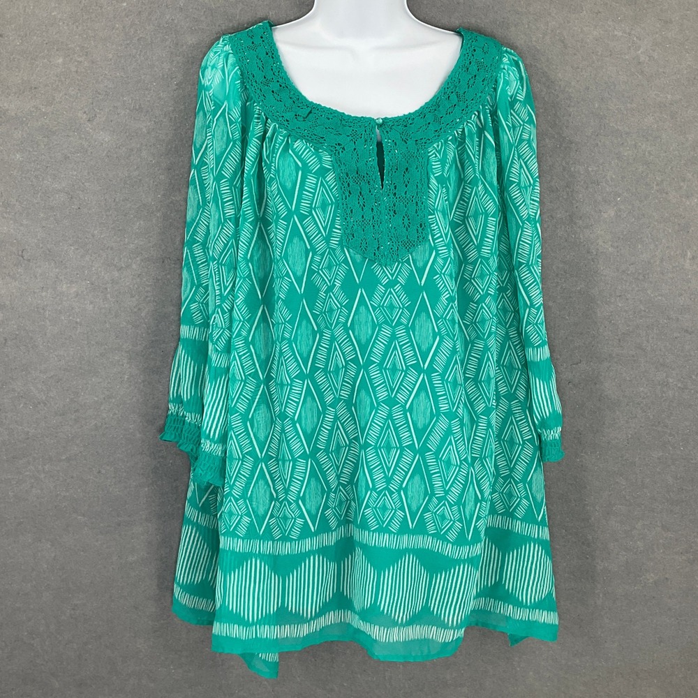 Tunic Top Womens‎ Sz 3x  Green White Sheer Top with Tank Crochet Trim Plus Size